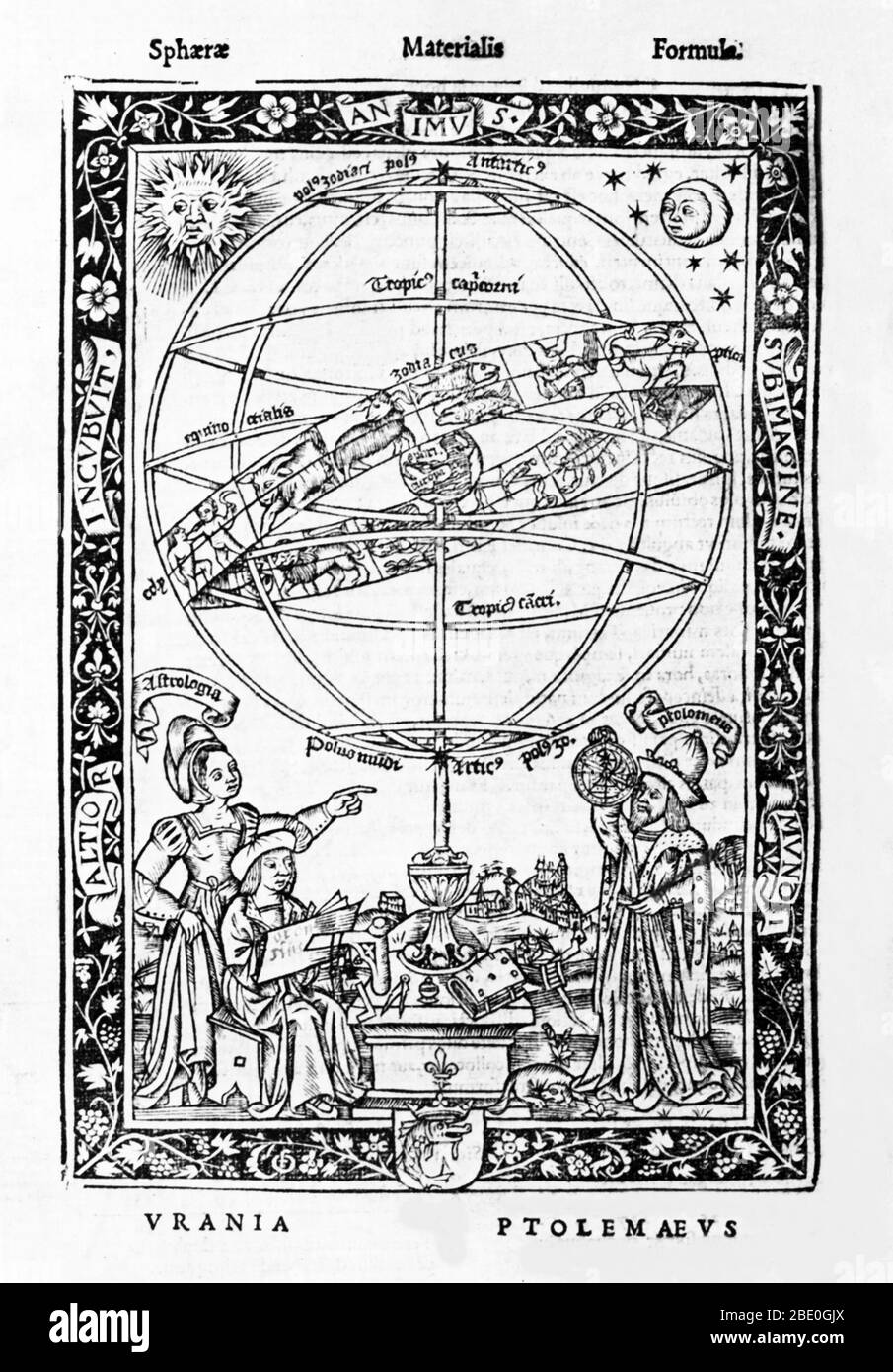 An armillary sphere (variations are known as spherical astrolabe, armilla, or armil) is a model of objects in the sky (in the celestial sphere), consisting of a spherical framework of rings, centered on Earth, that represent lines of celestial longitude and latitude and other astronomically important features such as the ecliptic. In astronomy, the geocentric model (also known as geocentrism, or the Ptolemaic system), is the superseded theory that the Earth is the center of the universe, and that all other objects orbit around it. Ptolemy was an Egyptian polymath, who made studies in astrology Stock Photo