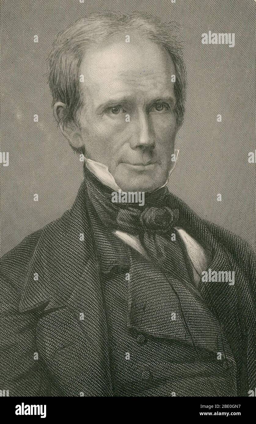 Henry Clay, Sr. (April 12, 1777 - June 29, 1852) was an American planter, statesman and orator who represented Kentucky in both the Senate and the House of Representatives, and served as Secretary of State from 1825-29. He favored war with Britain and played a significant role in leading the nation to war in 1812. He was the leading proponent of the American System, fighting for an increase in tariffs to foster industry, the use of federal funding to build and maintain infrastructure, and a strong national bank. He opposed the Mexican-American War and the 'Manifest Destiny' policy of Democrats Stock Photo