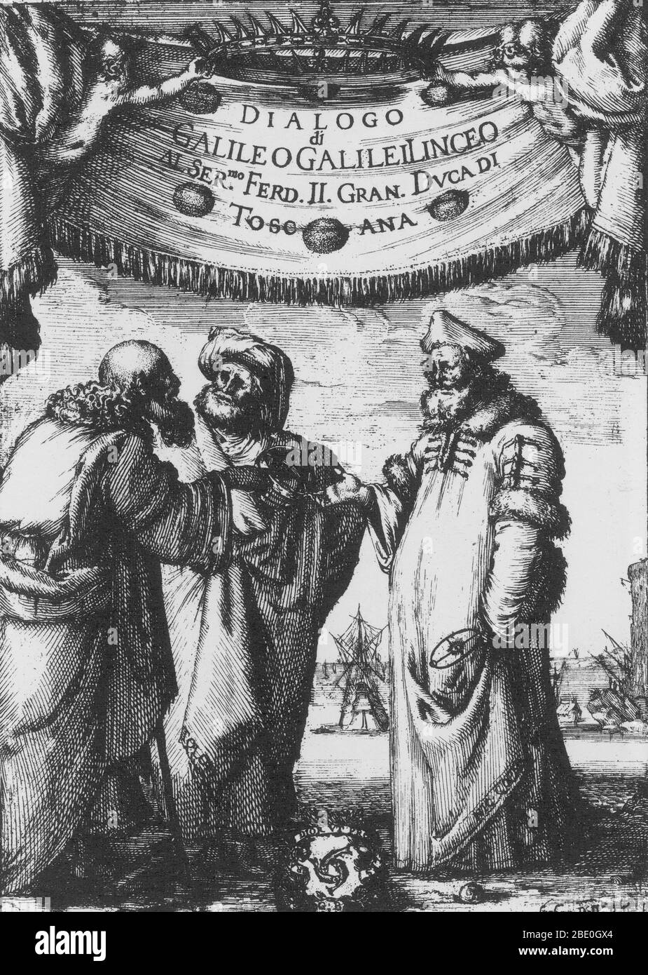 Aristotle, Ptolemy and Copernicus.  Frontispiece etched by Sefano della Bella from Galileo Galilei's Dialogo...sopra i due massimi sistemi del mondo  (Dialogue Concerning the Two Chief World Systems), published in Florence by Giovannie Batista Landini, 1632.  Aristotle (384 BC - 322 BC) was a Greek philosopher known as the founder of logic.  He had a geocentric view of the heavens that consisted of 55 concentric and crystalline spheres.  Ptolemy (c. 85 - 165 AD) was an Egyptian astronomer who devised the Ptolematic system, which held that the Earth was at the center of the universe, with the p Stock Photo