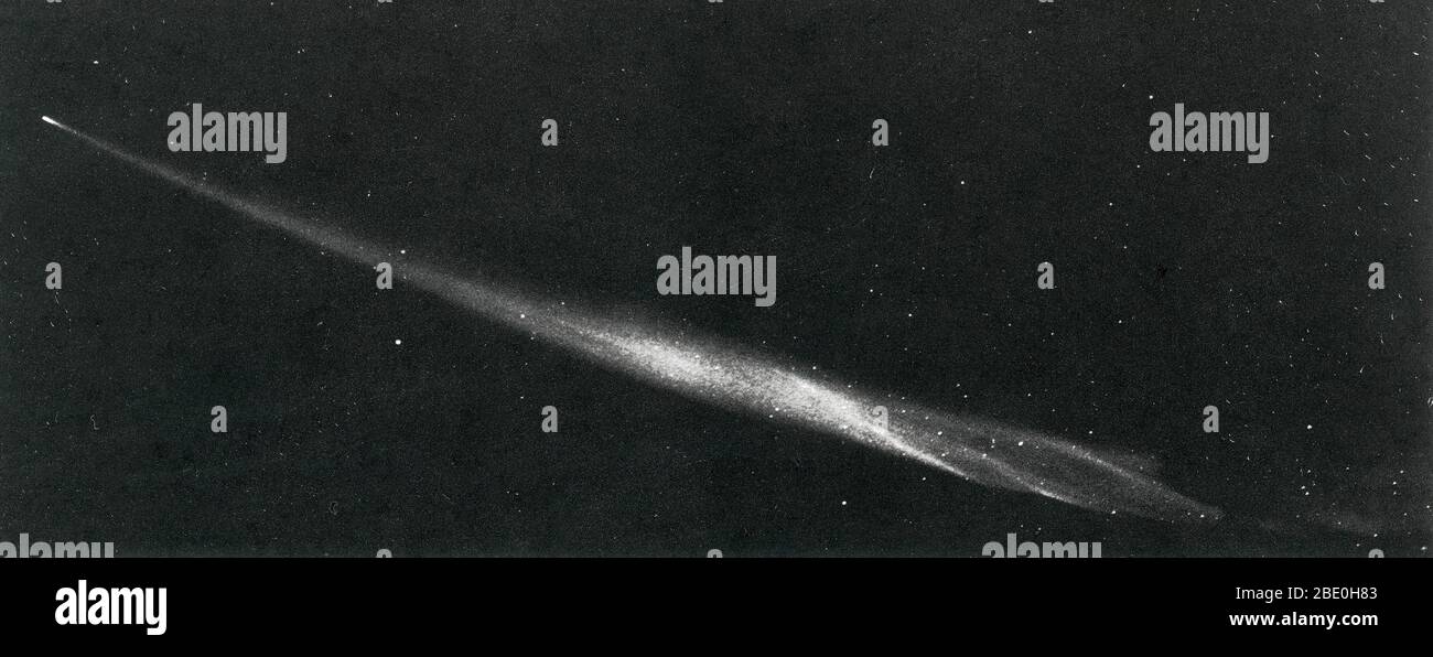 Comet Ikeya-Seki was a long-period comet discovered independently by Kaoru Ikeya and Tsutomu Seki. As it approached perihelion observers reported that it was clearly visible in the daytime sky next to the Sun. It proved to be one of the brightest comets seen in the last thousand years, and is sometimes known as the Great Comet of 1965. A Great Comet is a comet that becomes exceptionally bright; there is no official definition, often the term will be attached to comets that become bright enough to be noticed by casual observers who are not actively looking for them, and become well known outsid Stock Photo