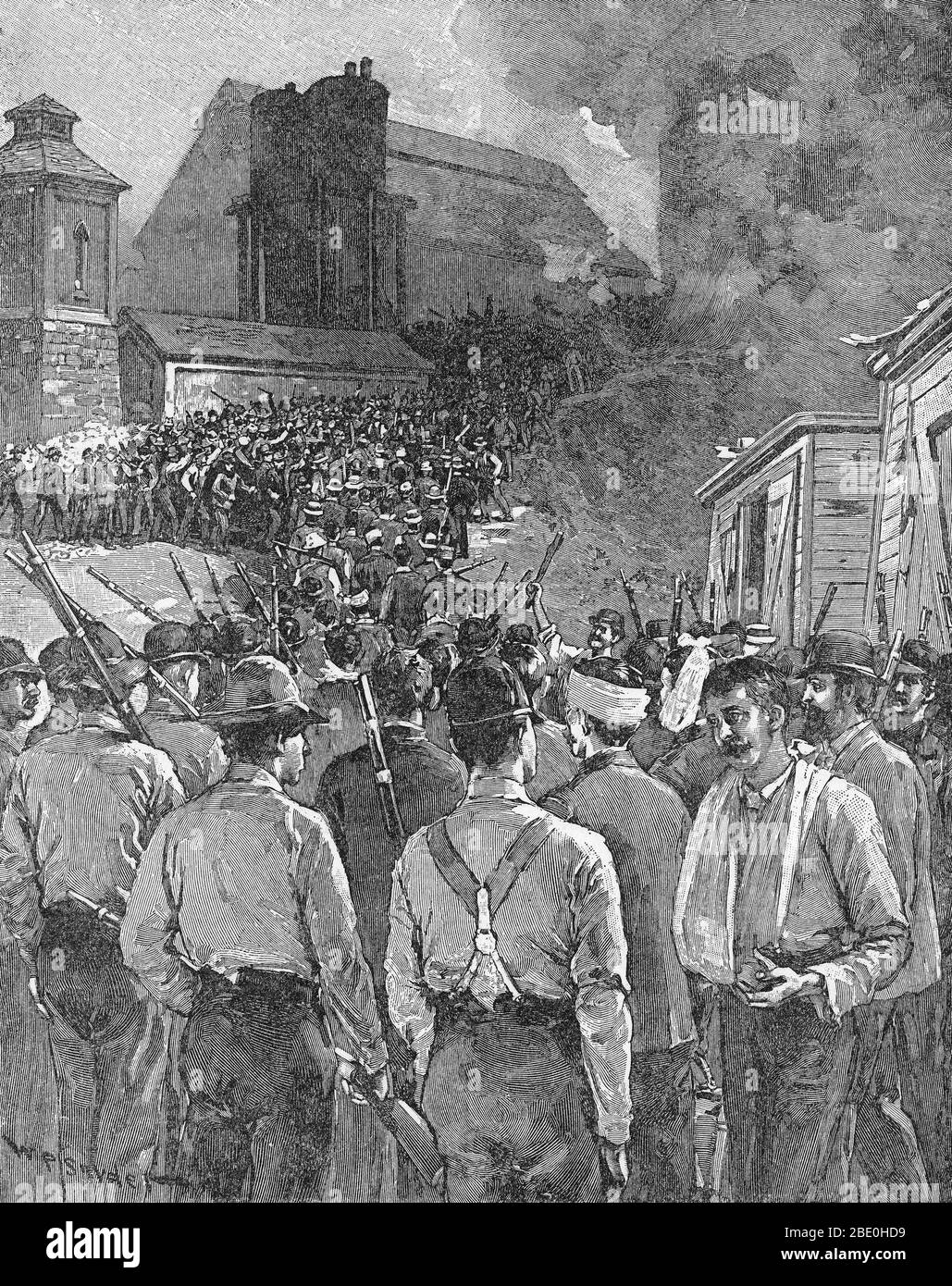 The Homestead Strike was an industrial lockout and strike which began on June 30, 1892, culminating in a battle between strikers and private security agents on July 6, 1892. The battle was the second largest and one of the most serious disputes in US labor history second only to the Battle of Blair Mountain. The dispute occurred at the Homestead Steel Works in the Pittsburgh area town of Homestead, Pennsylvania, between the Amalgamated Association of Iron and Steel Workers (the AA) and the Carnegie Steel Company. The final result was a major defeat for the union and a setback for efforts to un Stock Photo