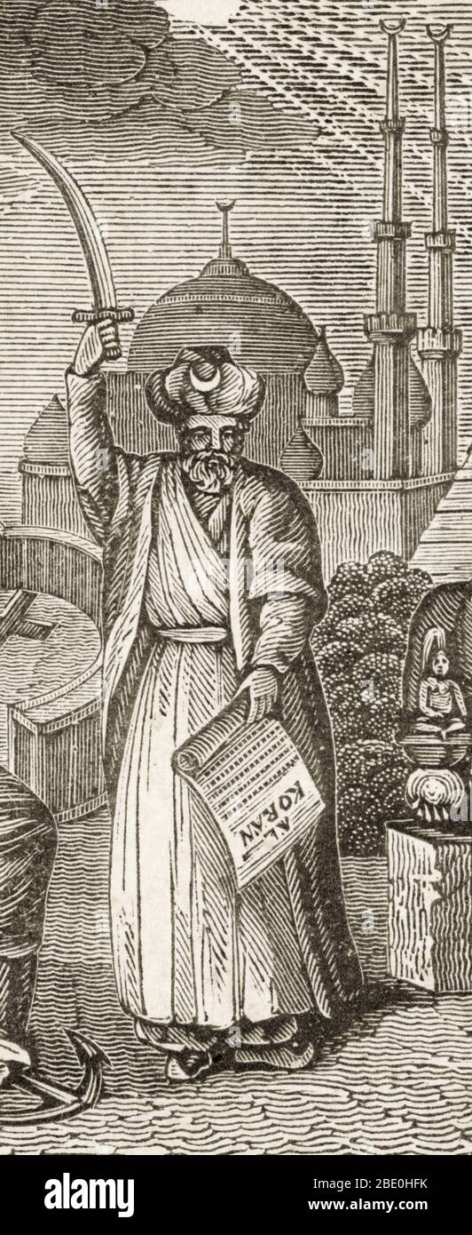 A figure symbolizing the religion of Islam from a wood engraving, made in 1834 by Charles A. Goodrich (1790-1862). Cropped version of BZ0254. Stock Photo
