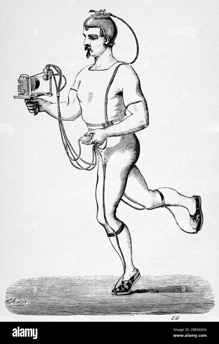 Runner provided with an apparatus intended to register his different paces, designed by Etienne-Jules Marey. Published in Marey's 'Animal mechanism: a treatise on terrestrial and aërial locomotion' (1874). Marey (1830-1904) was a French scientist, physiologist and pioneer of early photography. He became fascinated by movements of air and started to study birds. He adopted and further developed animated photography into a separate field of chronophotography in the 1880s. His revolutionary idea was to record several phases of movement on one photographic surface. In 1882 he made his chronophotog Stock Photo