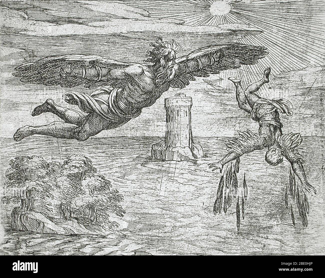The Fall of Icarus, alternate title: Daedalus Icaro alta nimis ambienti orbatur. Etching appeared in: The Metamorphoses of Ovid, plate 75, second edition illustrated by Antonio Tempesta, published 1606. Icarus was the son of Daedalus who dared to fly too near the sun on wings of feathers and wax. Daedalus had been imprisoned by King Minos of Crete within the walls of his own invention, the Labyrinth. But the great craftsman's genius would not suffer captivity. He made two pairs of wings by adhering feathers to a wooden frame with wax. Giving one pair to his son, he cautioned him that flying to Stock Photo