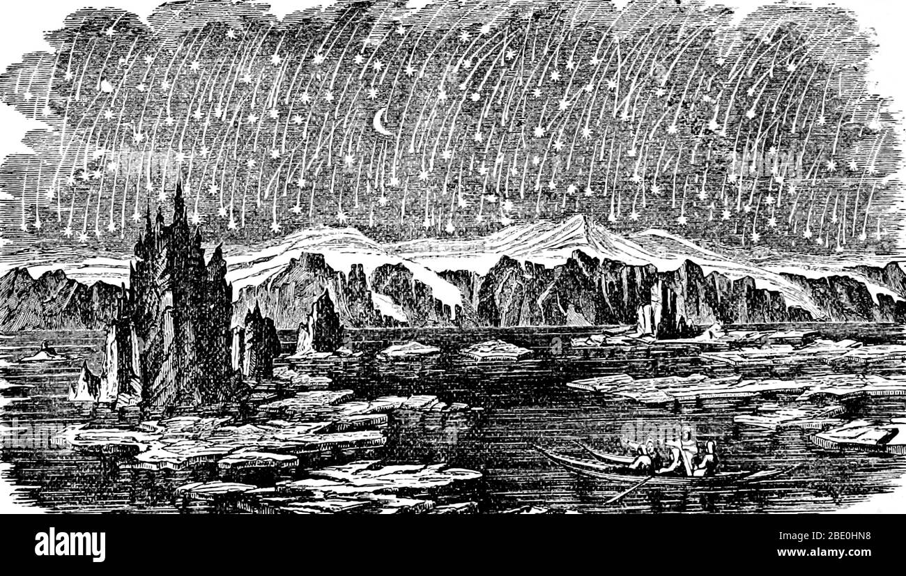 As astronomers began to explore the physical nature of comets, they found that meteors came from dust left by comets. A meteor shower is a celestial event in which a number of meteors are observed to radiate, or originate, from one point in the night sky. These meteors are caused by streams of cosmic debris called meteoroids entering Earth's atmosphere at extremely high speeds on parallel trajectories. Most meteors are smaller than a grain of sand, so almost all of them disintegrate and never hit the Earth's surface. Engraving taken from page 334 of 'The Children's Fairy Geography, or A Merry Stock Photo