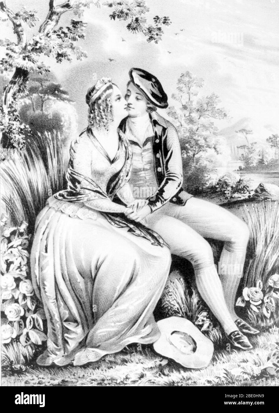 Lithograph of Burns and Campbell sitting in a woodland setting, holding hands, and kissing. Robert Burns (January 25, 1759 - July 21, 1796) was a Scottish poet and lyricist. He is widely regarded as the national poet of Scotland and is celebrated worldwide. He is regarded as a pioneer of the Romantic movement, and after his death he became a great source of inspiration to the founders of both liberalism and socialism, and a cultural icon in Scotland. Celebration of his life and work became almost a national charismatic cult during the 19th and 20th centuries, and his influence has long been st Stock Photo