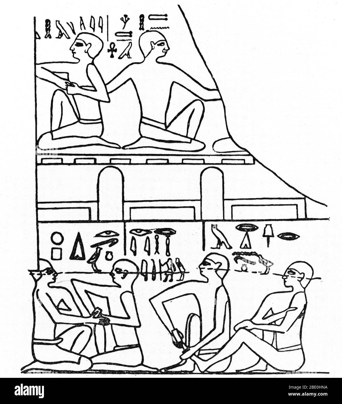 Illustration of how anesthesia may be produced by means of pressure. Representation of carving from 2500 BC. The medicine of the ancient Egyptians is some of the oldest documented. From the beginnings of the civilization in the late fourth millennium BC until the Persian invasion of 525 BC, Egyptian medical practice went largely unchanged but was highly advanced for its time, including simple non-invasive surgery, setting of bones, dentistry, and an extensive set of pharmacopoeia. Egyptian medical thought influenced later traditions, including the Greeks. Stock Photo
