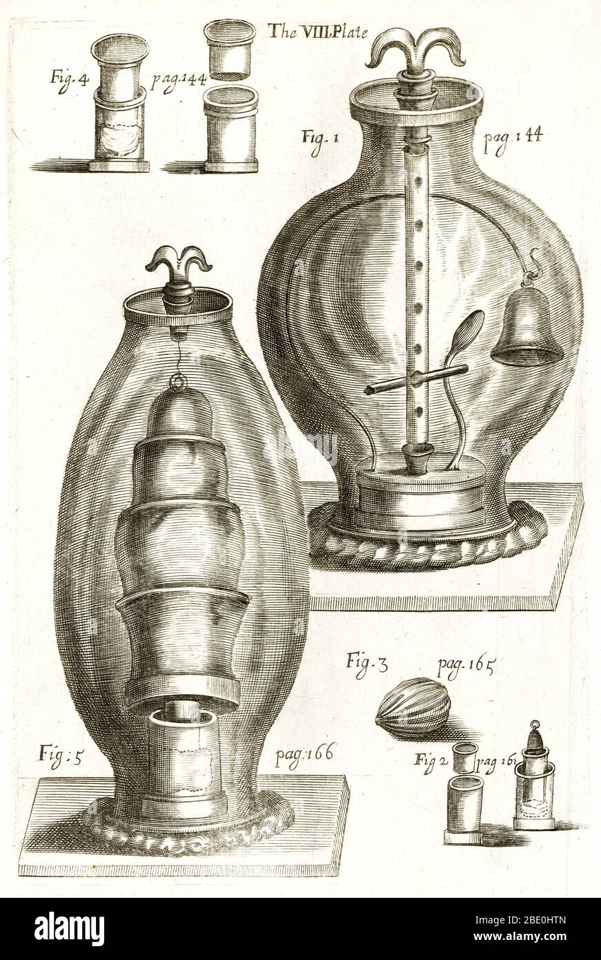 Boyle's experiments on air. Artwork of the apparatus for experiments on air carried out by the English natural philosopher Robert Boyle (1627-1691). At upper right, a bell is rung in a vacuum. This artwork is from Boyle's work A Continuation of New Experiments Physico-Mechanical, Touching the Spring and Weight of the Air, and their Effects (1669). This was a continuation of an earlier work of 1660, and was followed by a second part in 1682. In these works, Boyle described his experiments on air, including the gas law named for him. He also investigated the effect of a vacuum on sound, magnetic Stock Photo