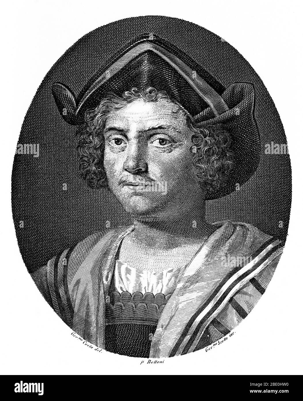 Portrait of Christopher Columbus published in 1844. Christopher Columbus (October 30 or 31, 1451 - May 20, 1506) was an Italian explorer, colonizer, and navigator. He completed four voyages across the Atlantic Ocean that led to European awareness of the American continents. During his first voyage in 1492, instead of reaching Japan, he landed in the Bahamas archipelago, which he named San Salvador. Over the course of three more voyages, he visited the Greater and Lesser Antilles, the Caribbean coast of Colombia and Venezuela, claiming them for the Spanish Empire. His efforts to establish perma Stock Photo
