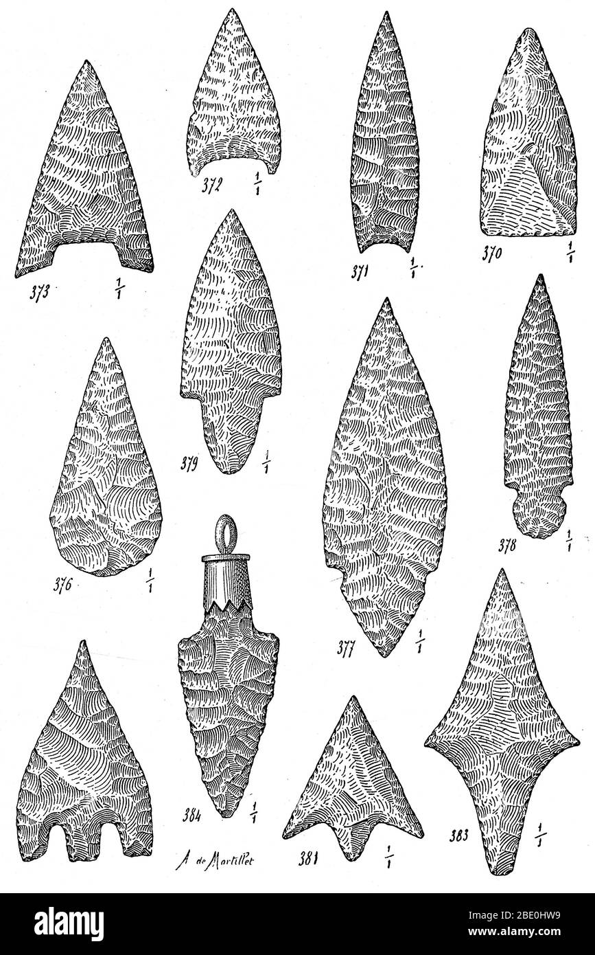 Neolithic and Bronze Age arrowheads made from different rocks. The Neolithic Era or New Stone Age was a period in the development of human technology, beginning about 10,200 BC and ending between 4,500 and 2,000 BC. It is traditionally considered the last part of the Stone Age. The Bronze Age falls into the period of 3200 to 600 BC. Stock Photo