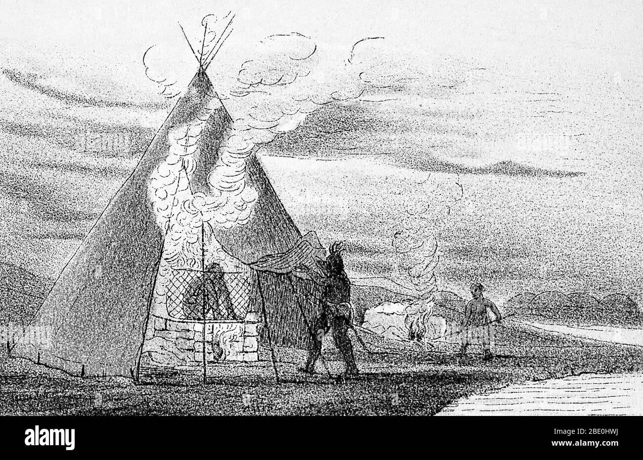 Sudatories or vapor baths of North American Indians, where steam is raised by throwing water onto the heated stones, c. 1830s. This was done for medicinal reasons. George Catlin. Stock Photo