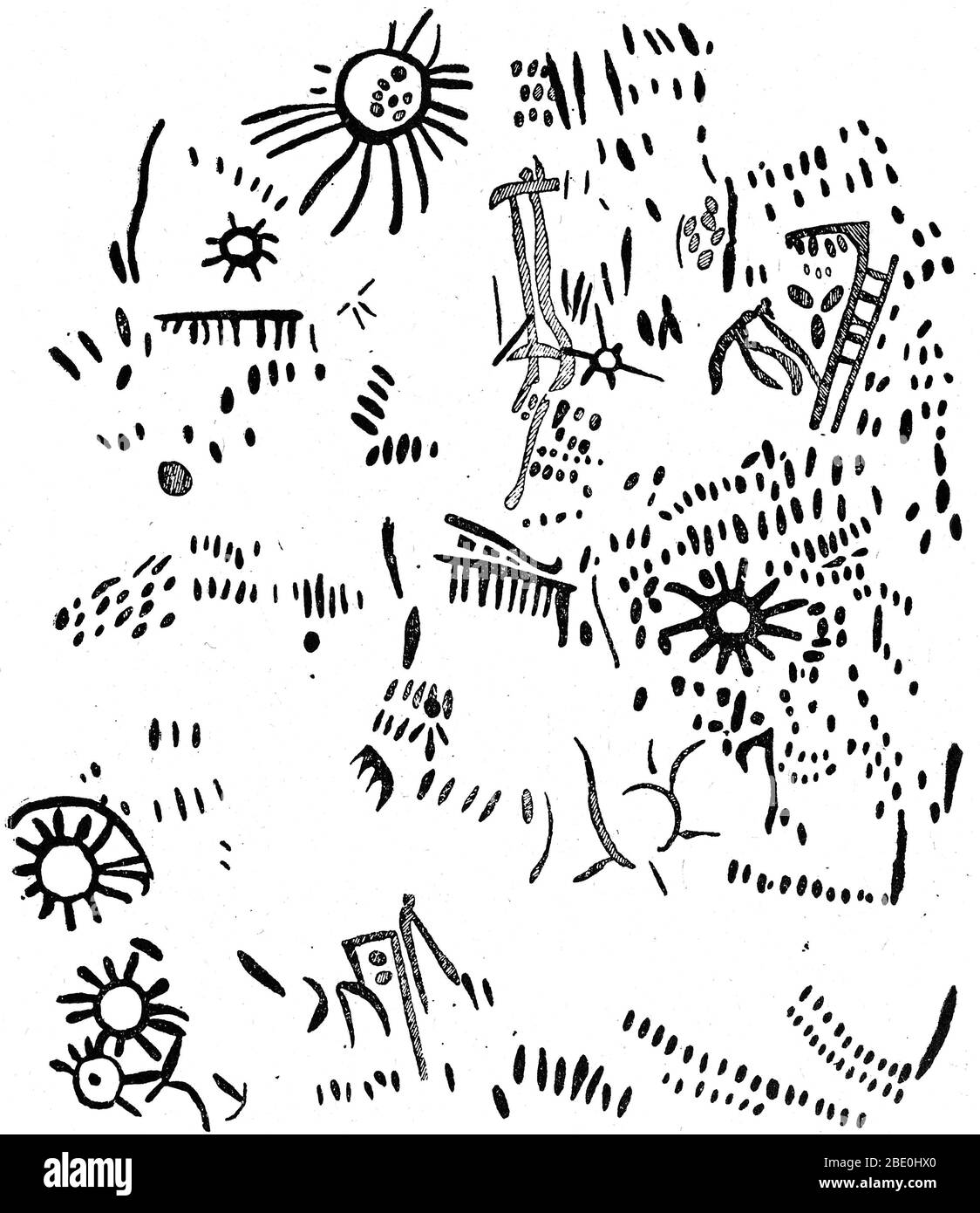 Neolithic representation of solar symbols, Spain. The Neolithic Era or New Stone Age was a period beginning about 10,200 BC and ending between 4,500 and 2,000 BC. It is traditionally considered the last part of the Stone Age. Stock Photo