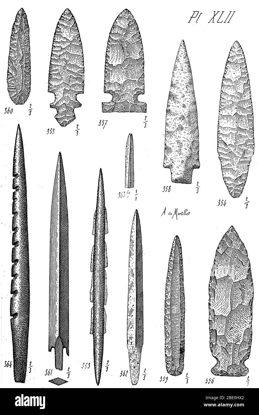 North American Mesolithic and Neolithic spear heads and other weapons and flint tools. Stock Photo