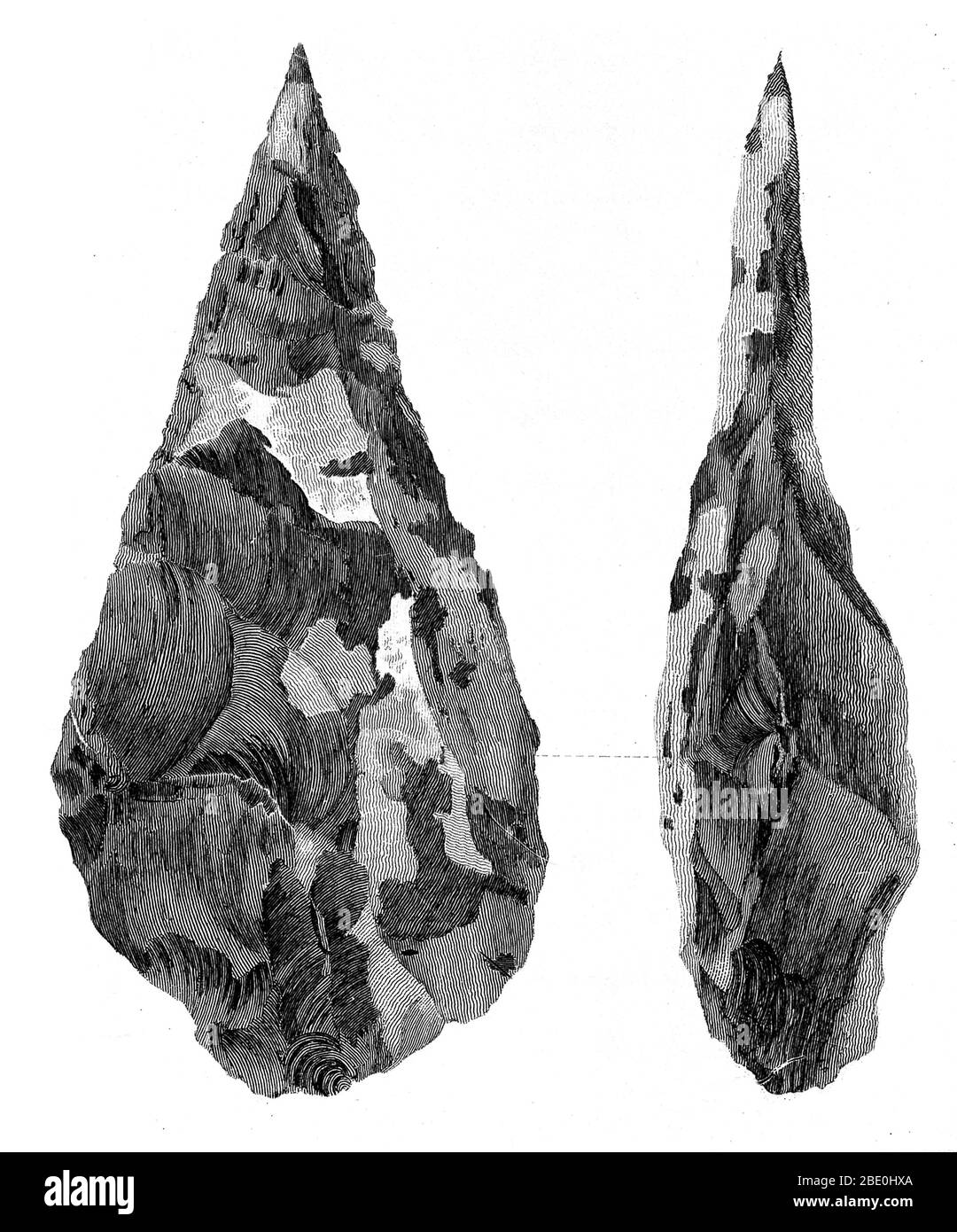 Stone Age hand-axes from Hoxne, Suffolk, England. Engraving from an article by John Frere. In June of 1797 Frere wrote to the Society of Antiquaries describing that, in the same month, he had observed men digging clearly man-made implements from a Hoxne brick-clay pit. His article was ignored until 1859 when the archaeologist John Evans rediscovered the handaxes while making the case for the antiquity of man based on findings in France. The Stone Age is a broad prehistoric period during which stone was widely used to make implements with a sharp edge, a point, or a percussion surface. The peri Stock Photo
