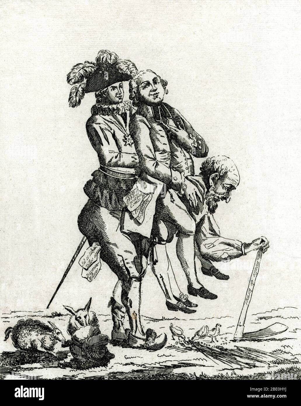 Entitled: 'A faut esperer q'eu se jeu la finira bentot.' Shows the nobility and the clergy, representing the estates general, riding on the back of a man representing the working class, or third estate; the man is bent under their weight and supports himself by leaning on an adz-like tool, while around his feet birds and rabbits feast on the produce of his labor. The Estates-General of 1789 was the first meeting since 1614 of the French Estates-General, a general assembly representing the French estates of the realm: the clergy (First Estate), the nobles (Second Estate), and the common people Stock Photo