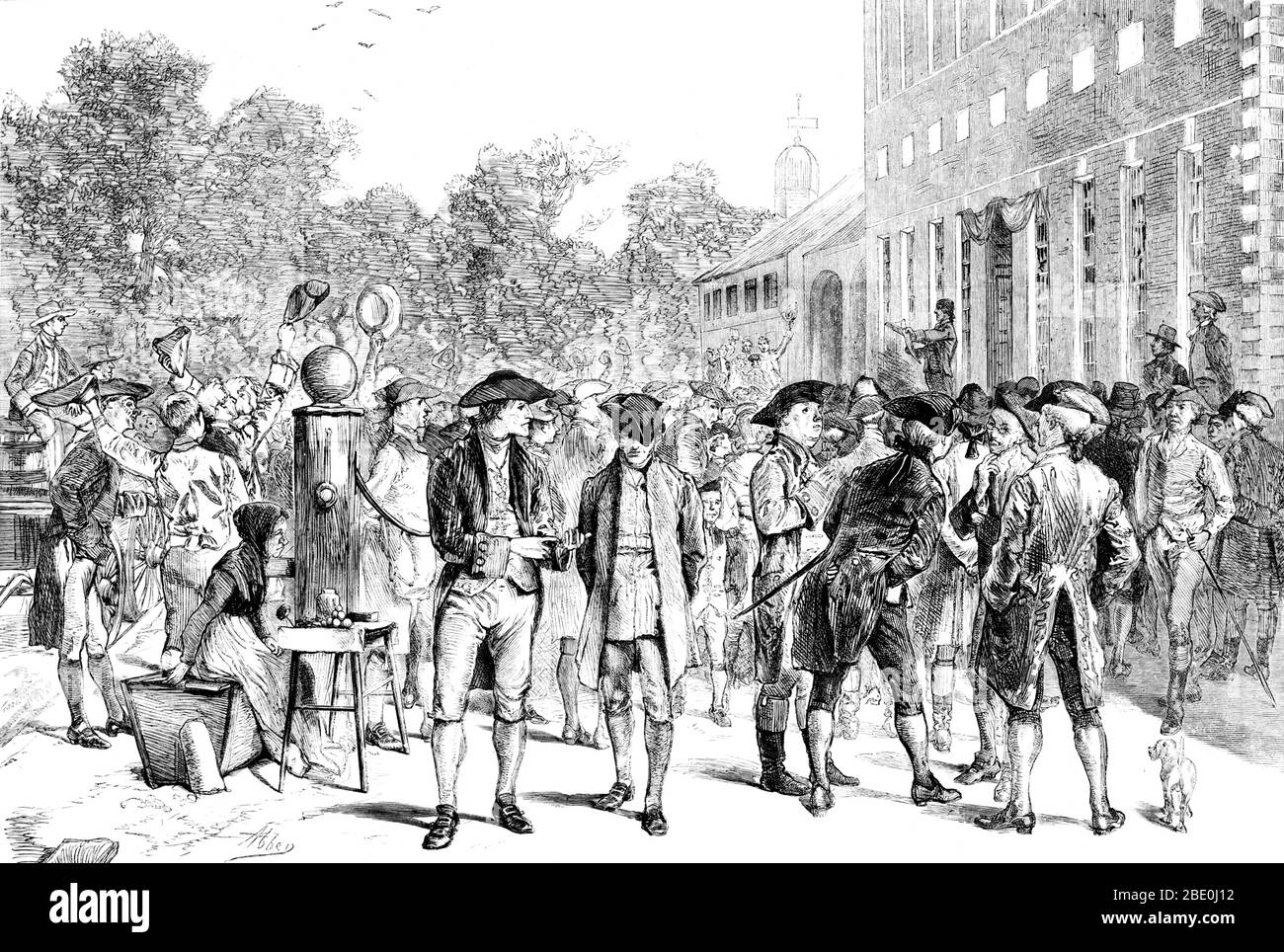Entitled: 'Reading the Declaration of Independence by John Nixon, from the steps of Independence Hall, Philadelphia, July 8, 1776.' The Declaration of Independence was printed during the late afternoon on Thursday, July 4, by John Dunlap, a local Philadelphia printer. Congress ordered that copies be sent 'to the several Assemblies, Conventions, and Committees or Councils of Safety, and to the several Commanding officers of the Continental Troops, that it be proclaimed in each of the United States, and at the head of the Army.' By the next morning copies were on their way to all thirteen states Stock Photo