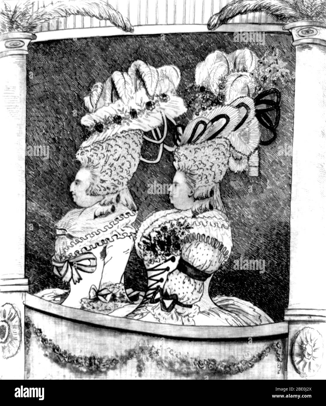 Entitled: 'A side box at the opera.' The 18th century was an age of elegance. Never in European history do we see men and women so elaborately artificial, so far removed from natural appearance. What could not be done with the natural hair was made with wigs. This epoch was an extravagant explosion of amazing hairstyles, a reaction completely opposed to the modesty and shyness of former centuries. In the mid-to-late 18th century, large, elaborate and often themed wigs were in vogue for women. These combed-up hair extensions were often very heavy, weighted down with pomades, powders, and other Stock Photo