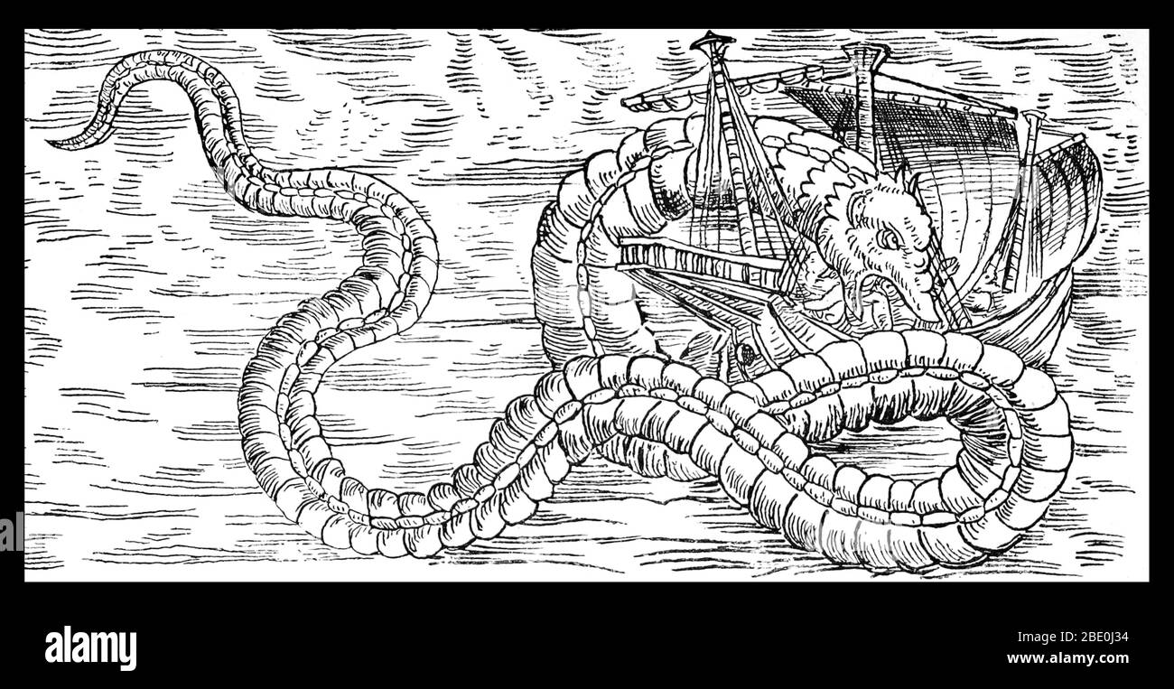 Sea monsters are sea-dwelling mythical or legendary creatures, often believed to be of immense size. Marine monsters can take many forms, including sea dragons, sea serpents, or multi-armed beasts. They can be slimy or scaly and are often pictured threatening ships or spouting jets of water. Image appeared in "The great sea-serpent. An historical and critical treatise. With the reports of 187 appearances...the suppositions and suggestions of scientific and non-scientific persons, and the author's conclusions", 1892. Stock Photo