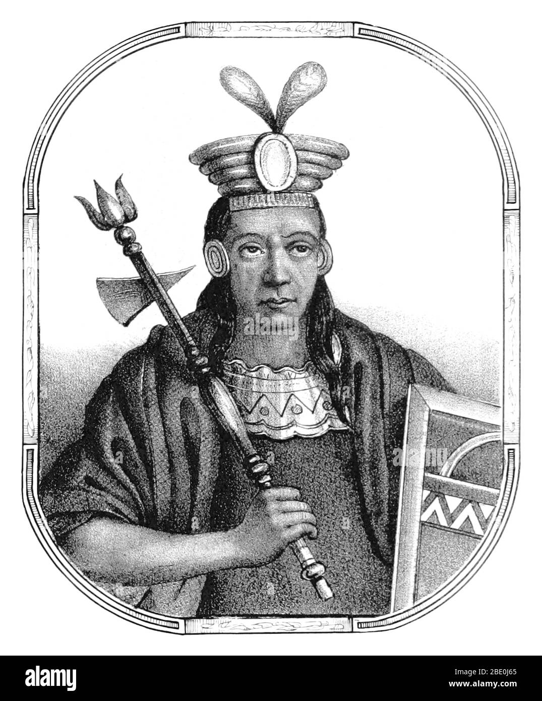 Mayta Cápac (Mayta Qhapaq Inka) was the fourth Sapa Inca of the Kingdom of Cuzco (beginning around 1290) and a member of the Hurin dynasty. The chroniclers describe him as a great warrior who conquered territories as far as Lake Titicaca, Arequipa, and Potosí. While in fact, his kingdom was still limited to the valley of Cuzco. In 1134, Mayta Cápac put the regions of Arequipa and Moquegua under the control of the Inca empire. His great military feat was the subjugation of Alcabisas and Culunchimas tribes. Image taken from page 59 of 'Recuerdos de la Monarquia Peruana, ó bosquejo de la historia Stock Photo
