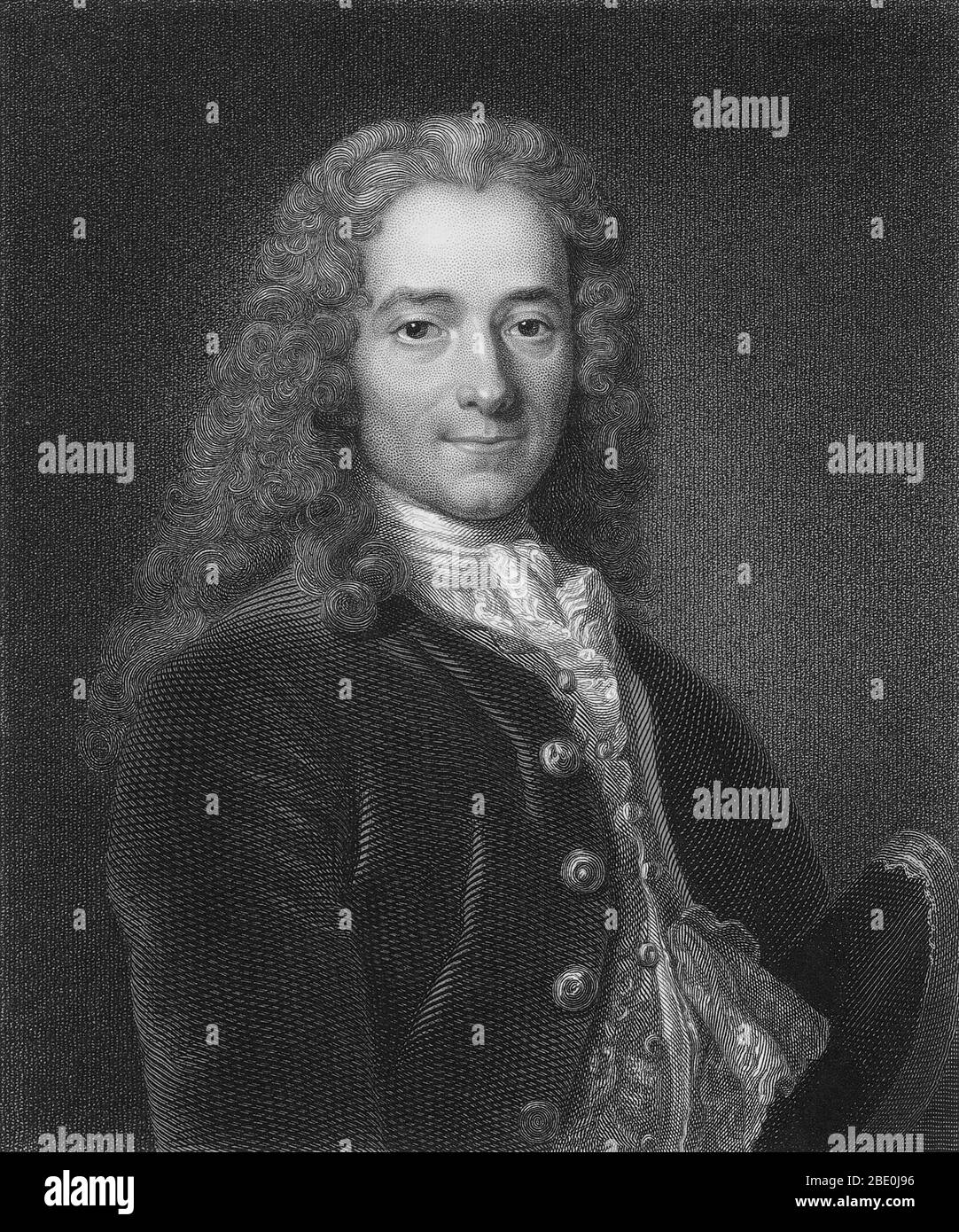 Francois-Marie Arouet (November 21, 1694 - May 30, 1778), known by his nom de plume Voltaire, was a French Enlightenment writer, historian and philosopher famous for his wit, his attacks on the established Catholic Church, and his advocacy of freedom of religion, freedom of expression, and separation of church and state. Voltaire was a versatile writer, producing works in almost every literary form, including plays, poems, novels, essays, and historical and scientific works. He wrote more than 20,000 letters and more than 2,000 books and pamphlets. He was an outspoken advocate, despite the ris Stock Photo