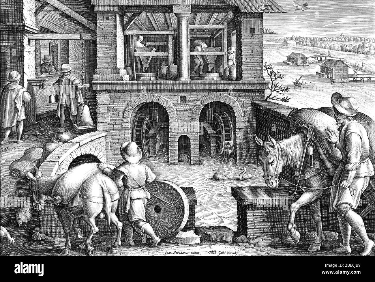 Illustration of workers bringing grain to a watermill for grinding, c. 1580-1605. On the upper level of the watermill are workers emptying out the contents of the sacks into large metal funnels. On the right are more watermills in the distance. The watermill was invented around the 3rd century BC. The Invention of the Watermill, tenth plate from a print series entitled Nova Reperta (New Inventions of Modern Times) consisting of a title page and 19 plates, engraved by Jan Collaert I, after Jan van der Straet, called Stradanus, and published by Philips Galle. Stock Photo