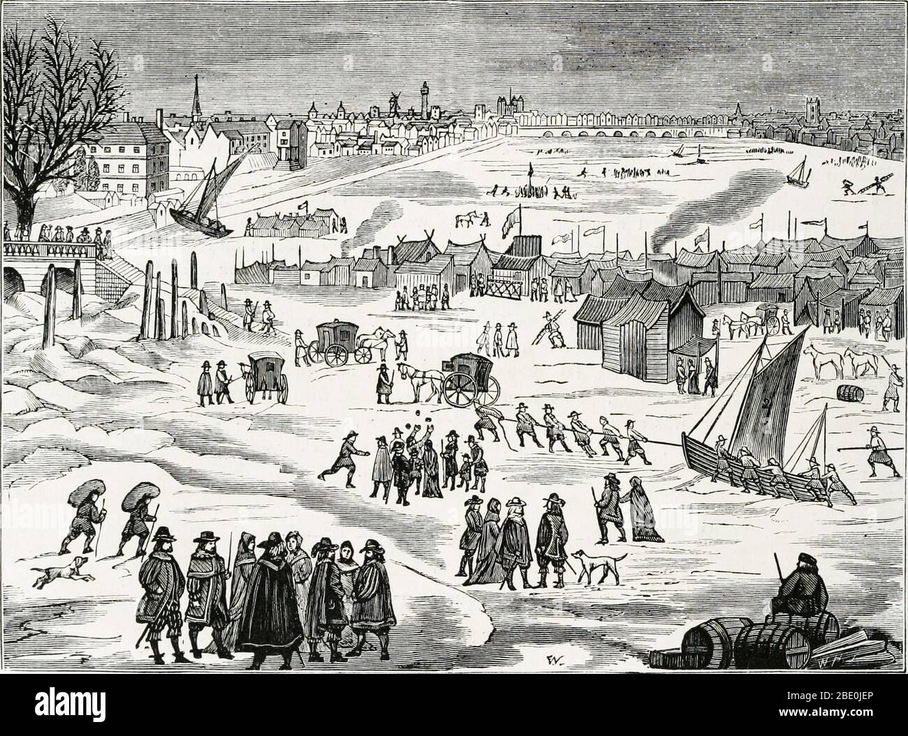 A Frost Fair on the Thames, looking downstream towards London Bridge, during the Great Frost of 1683-4, when the river was completely frozen for two months. It was the worst recorded frost in England and similar conditions affected much of Europe as well. The period between the 15th and early 19th century was known as the Little Ice Age.  The Little Ice Age was a period of cooling that occurred during a period generally thought to run from the 16th to the 19th centuries, though some place the start date in the early 14th century. During the period 1645-1715, in the middle of the Little Ice Age Stock Photo