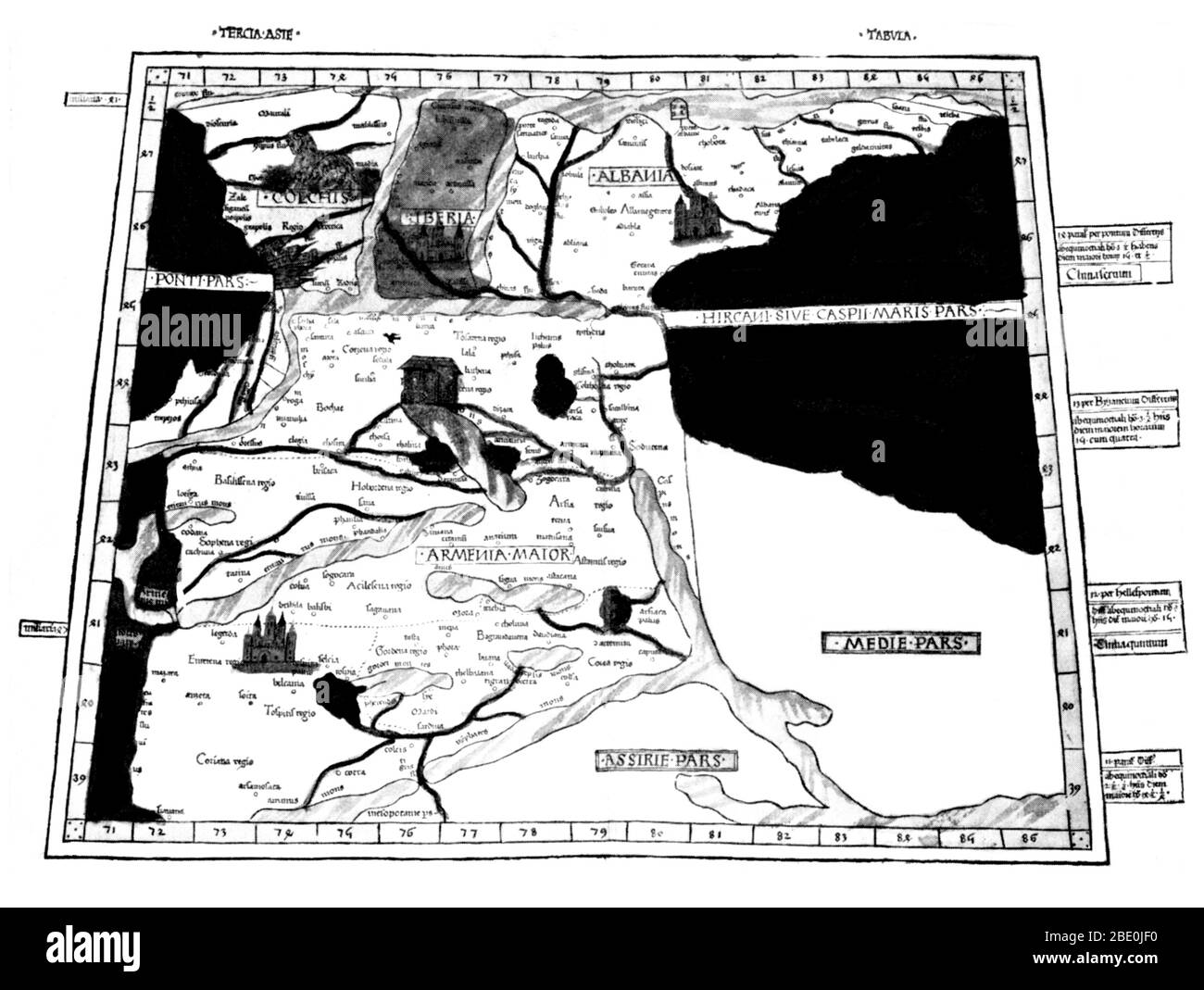 Ptolemy's map of Armenia with Noah's Ark on Mount Ararat was based on the description contained in Ptolemy's book Geographia, written 150 AD. Although authentic maps have never been found, the Geographia contains thousands of references to various parts of the old world, with coordinates for most, which allowed cartographers to reconstruct Ptolemy's world view when the manuscript was re-discovered around 1300 AD. Perhaps the most significant contribution of Ptolemy and his maps is the first uses of longitudinal and latitudinal lines and the specifying of terrestrial locations by celestial obse Stock Photo