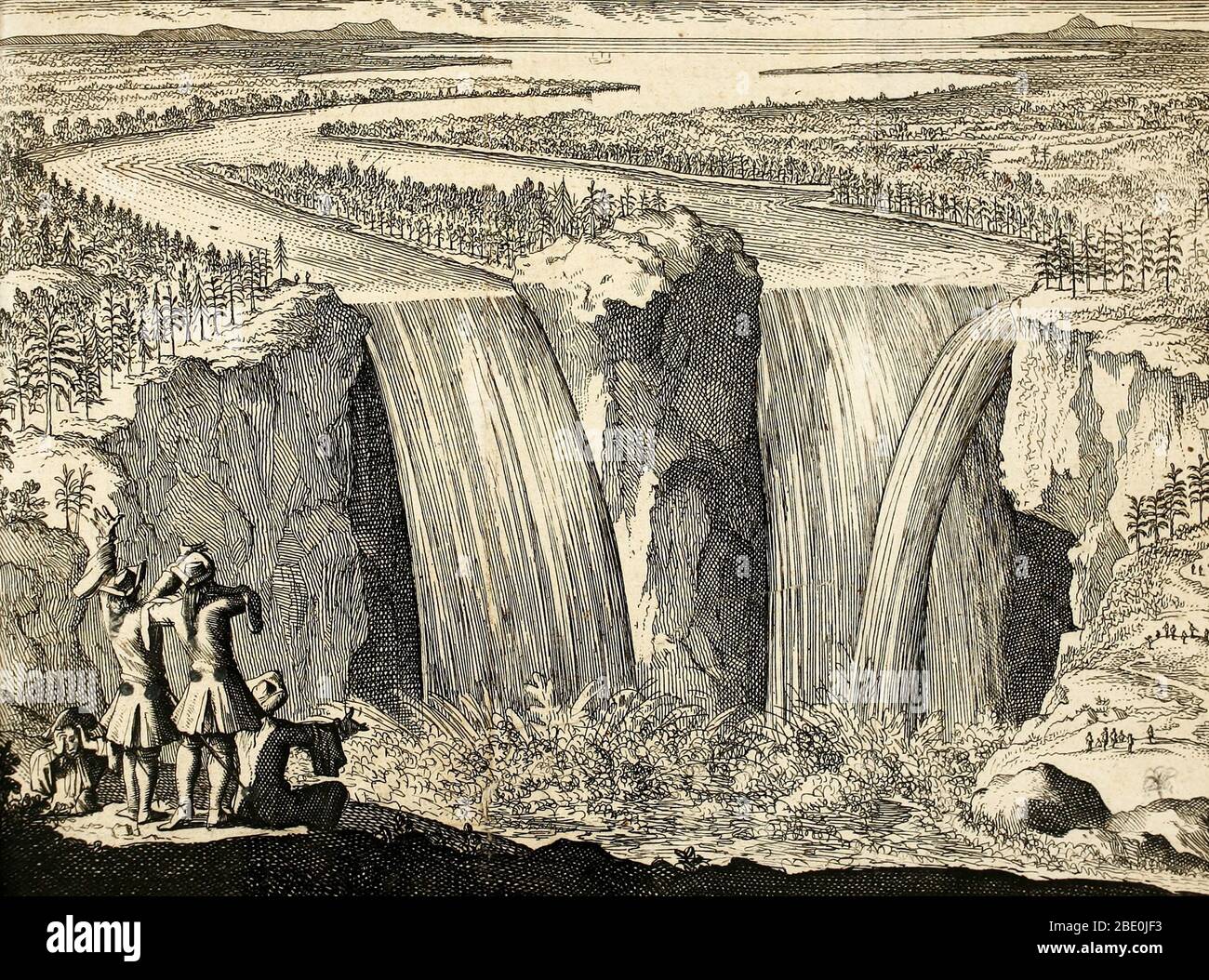 Depiction of Niagara Falls by Louis Hennepin, 1698. Father Louis Hennepin (1626-1704) was a Roman Catholic priest and missionary of the Franciscan Recollet order and an explorer of the interior of North America. Two great waterfalls were brought to the world's attention by Hennepin: Niagara Falls, with the most voluminous flow of any in North America, and the Saint Anthony Falls in what is now Minneapolis, the only waterfall on the Mississippi River. In 1683, he published a book about Niagara Falls called A New Discovery. Stock Photo
