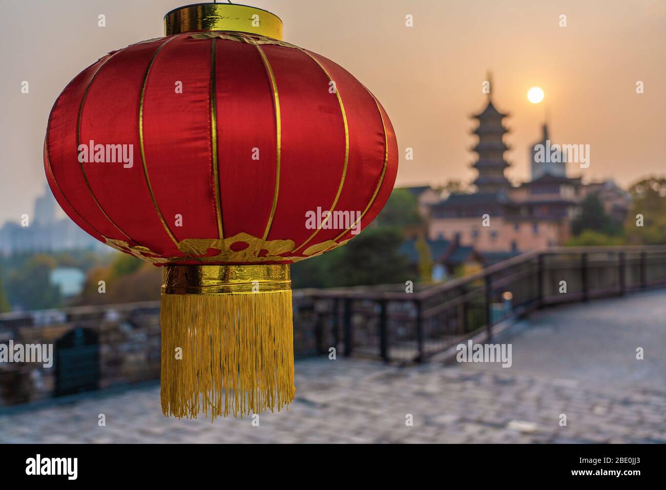 Chinese lantern on the ancient city wall in Nanjing Stock Photo