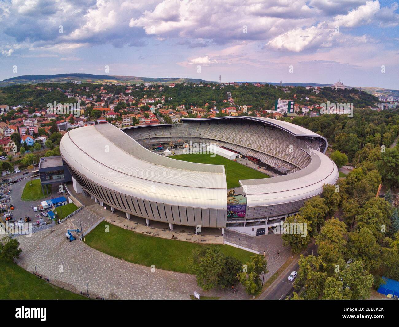 Aerial photo of Untold 2019 stageCluj Arena Stadium work in progress.Teams of workers assemble