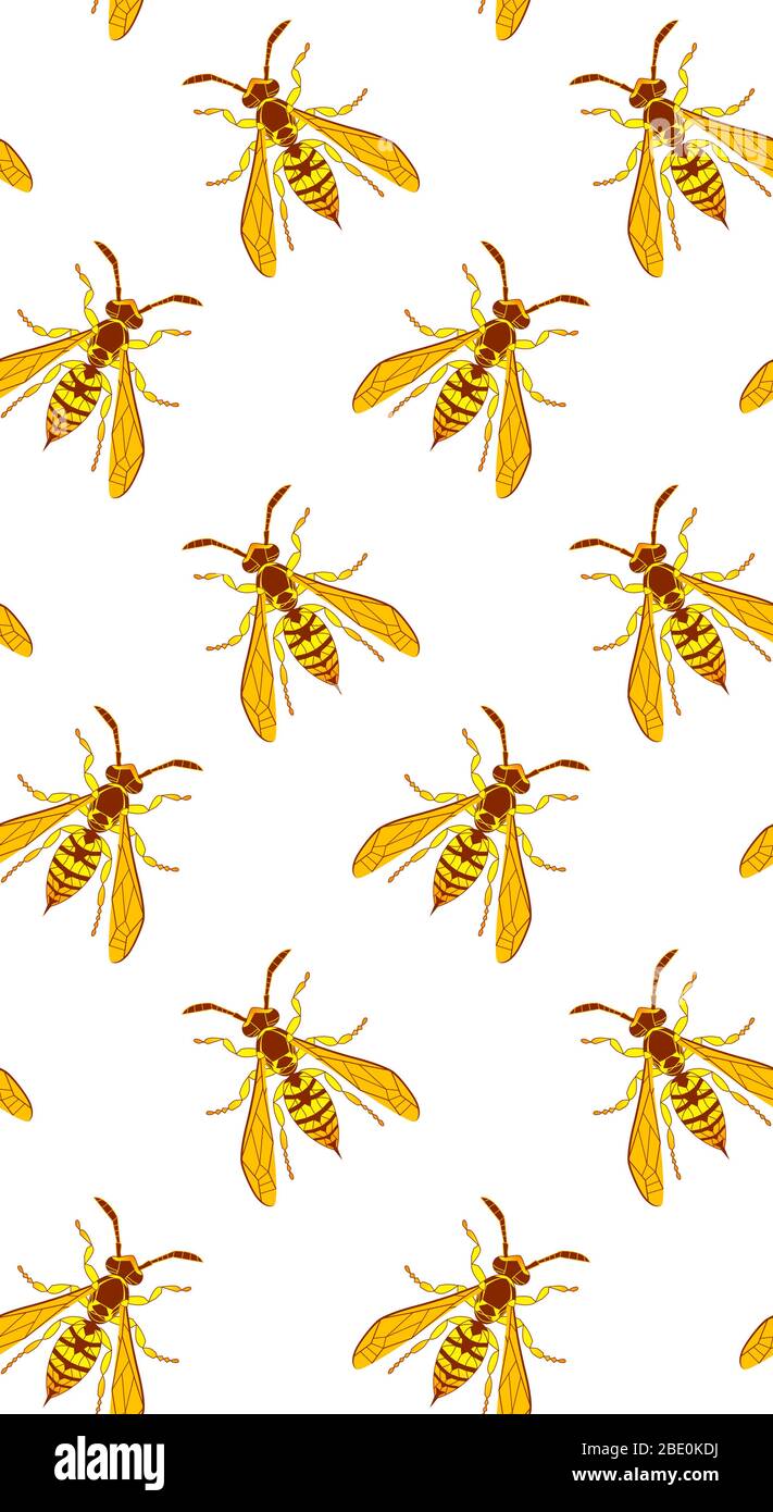 Wasp insect vertical seamless wallpaper. Dangerous yellow bugs cover on white backdrop. Vector Bumblebee drawing mobile banner. Wild Nature graphic print. Stock Vector