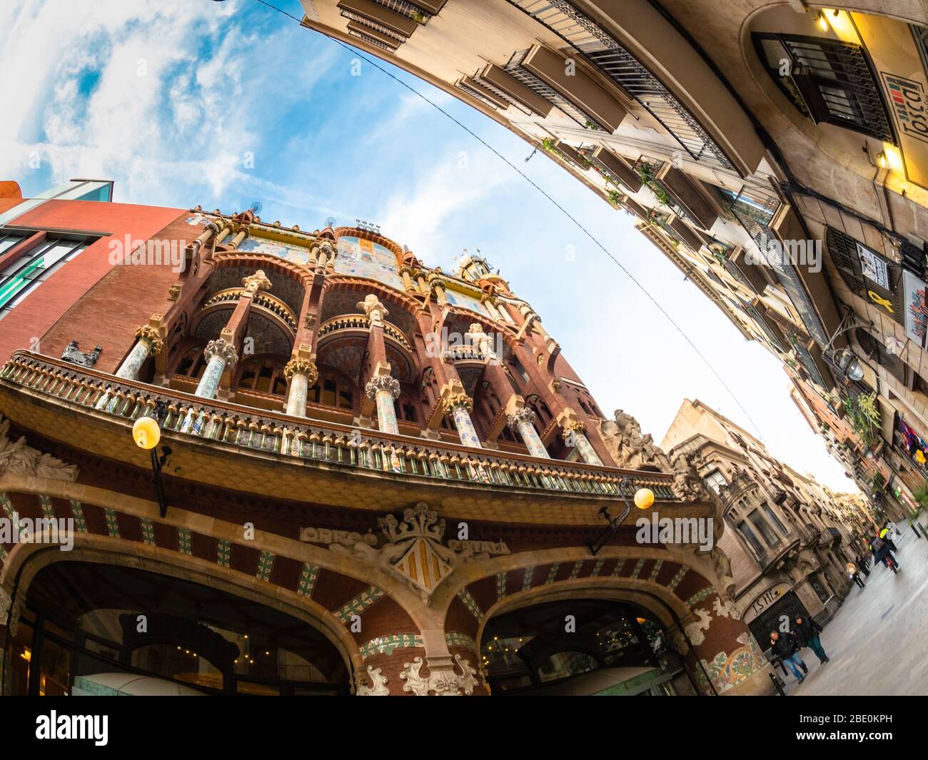 Fisheye lens view of the Palau de la Musica and the Carrer de Sant Pere Mes Alt, Barcelona, Spain. Stock Photo