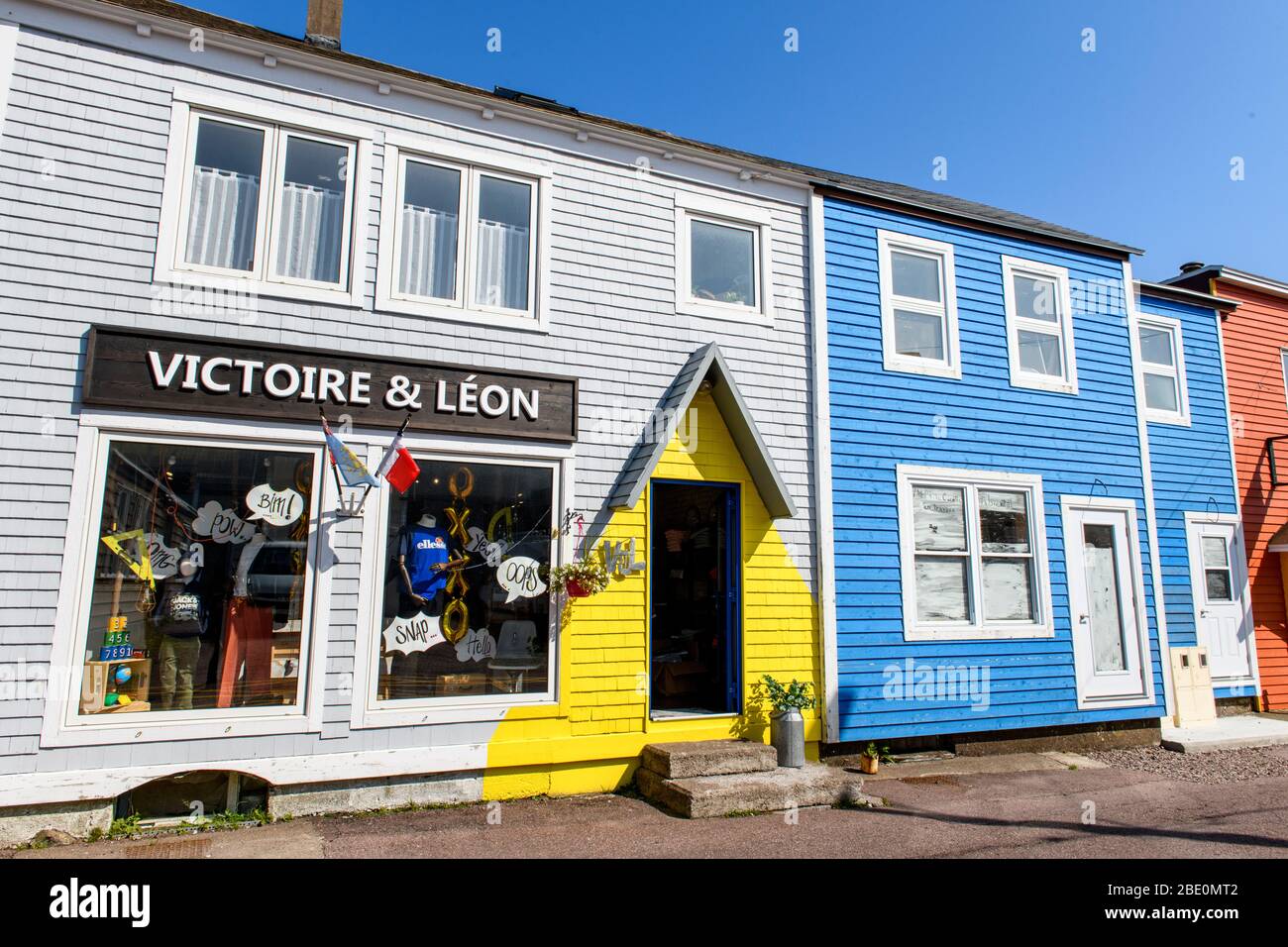 New France, St-PIerre et Miquelon, Canadian Maritimes. Colorful shops. Stock Photo