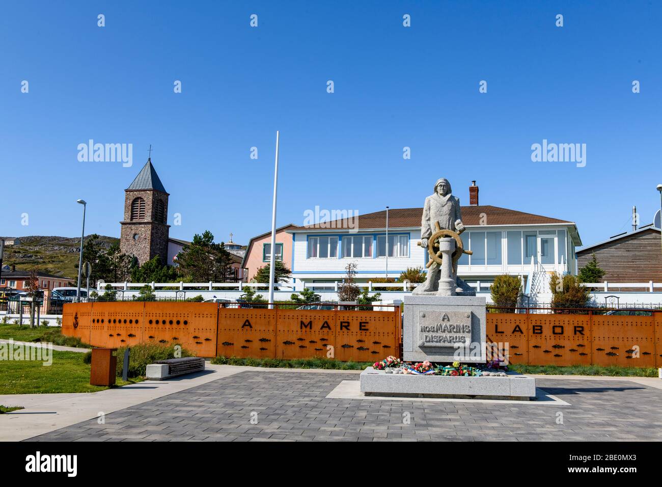 New France, St-PIerre et Miquelon, Canadian Maritimes. Town center with fisherman statue. Stock Photo