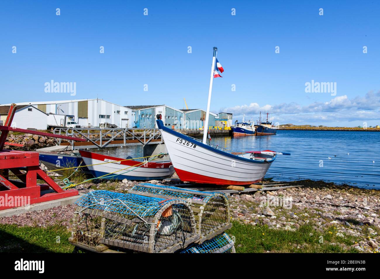 New France, St-PIerre et Miquelon, Canadian Maritimes. Fishing boat on the harbor. Stock Photo