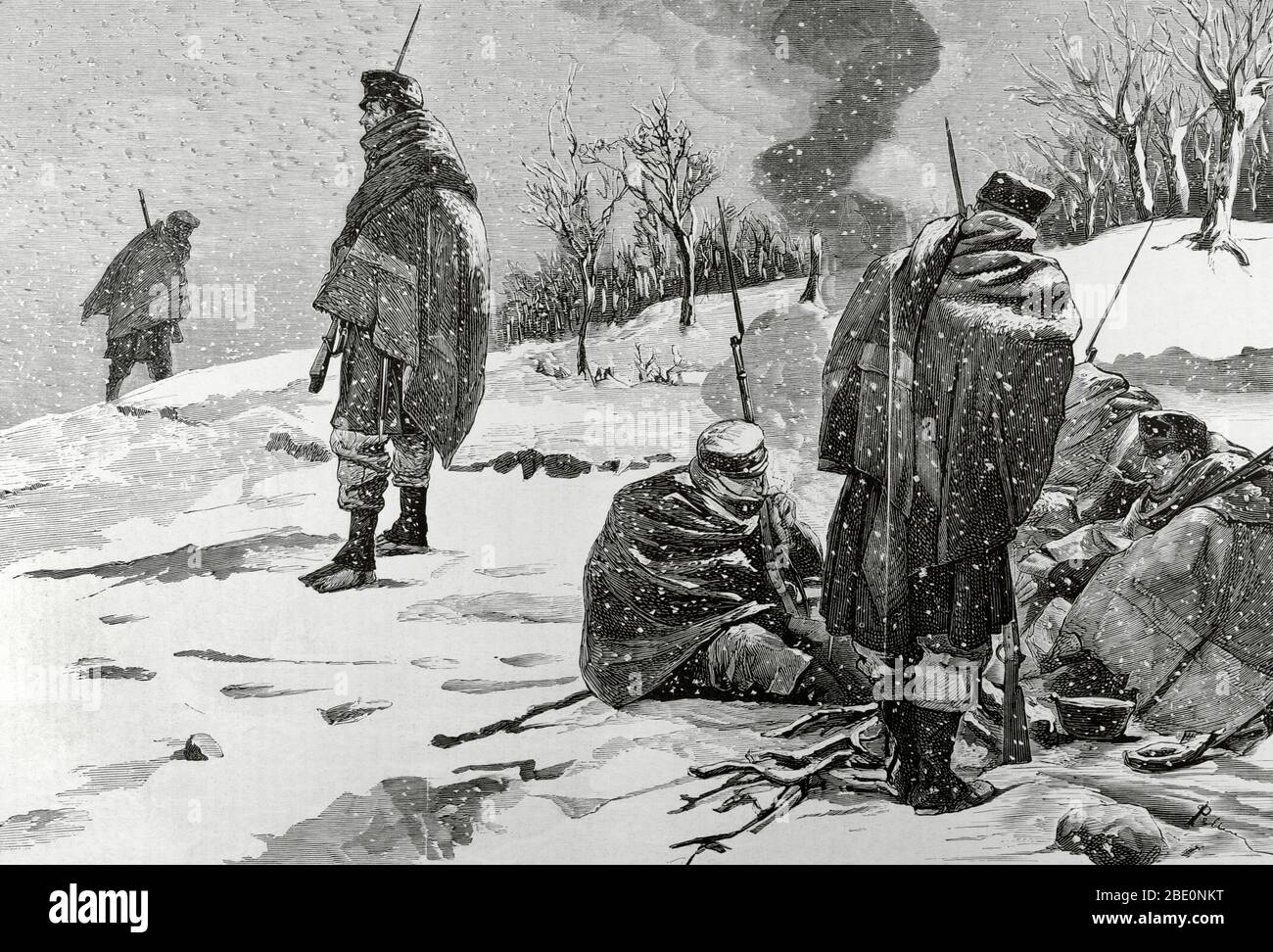 Troops of the Leon Regiment in the Ochandiano Heights, entrenched by the Carlist troops. Stock Photo