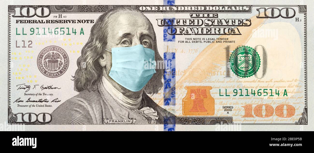 Full 100 Dollar Bill With Concerned Expression Wearing Medical Face Mask. Stock Photo