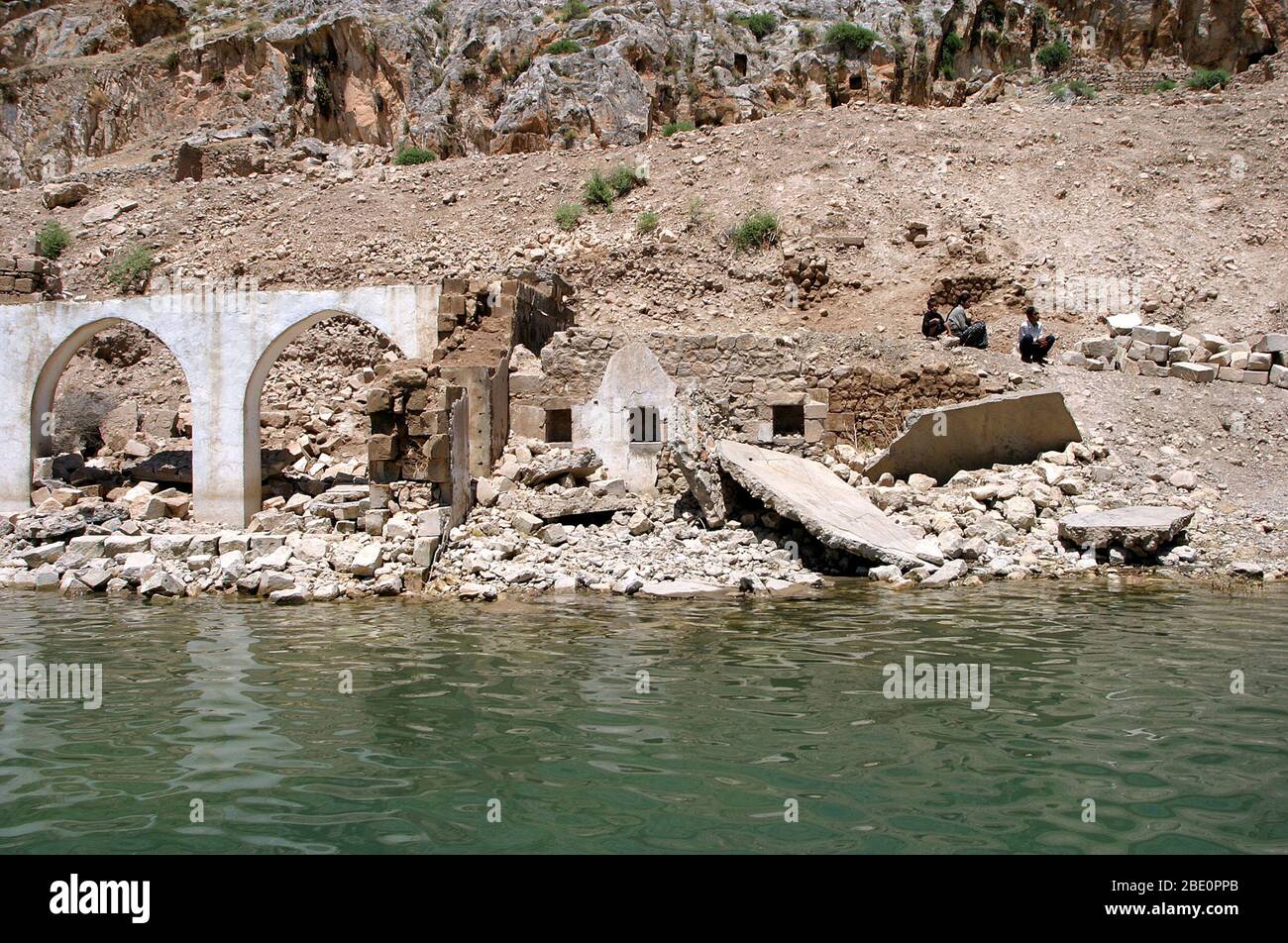 FIRAT RIVER, TURKEY - JANUARY 06: Villagers waiting river boat in Firat River Coastline (Euphrates River) on January 06, 2000 in Gaziantep, Turkey. Stock Photo