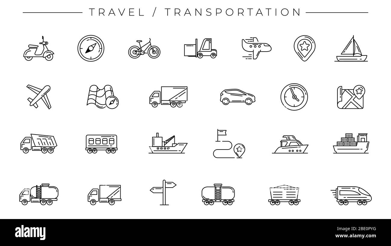 Travel and Transportation concept line style vector icons set Stock Vector