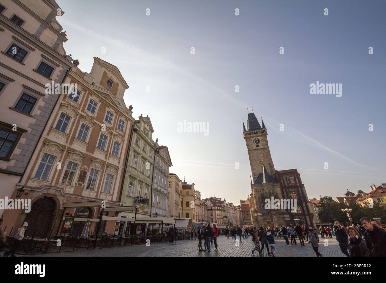PRAGUE, CZECHIA - OCTOBER 31, 2019: Old Town Square (Staromestske Namesti) with a focus on the clock tower of Old Town Hall, a major landmark of Pragu Stock Photo