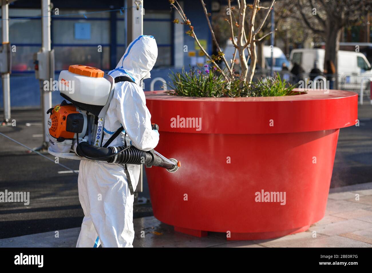 April 10, 2020 - Cannes, France -Spraying of disinfectant in public ...