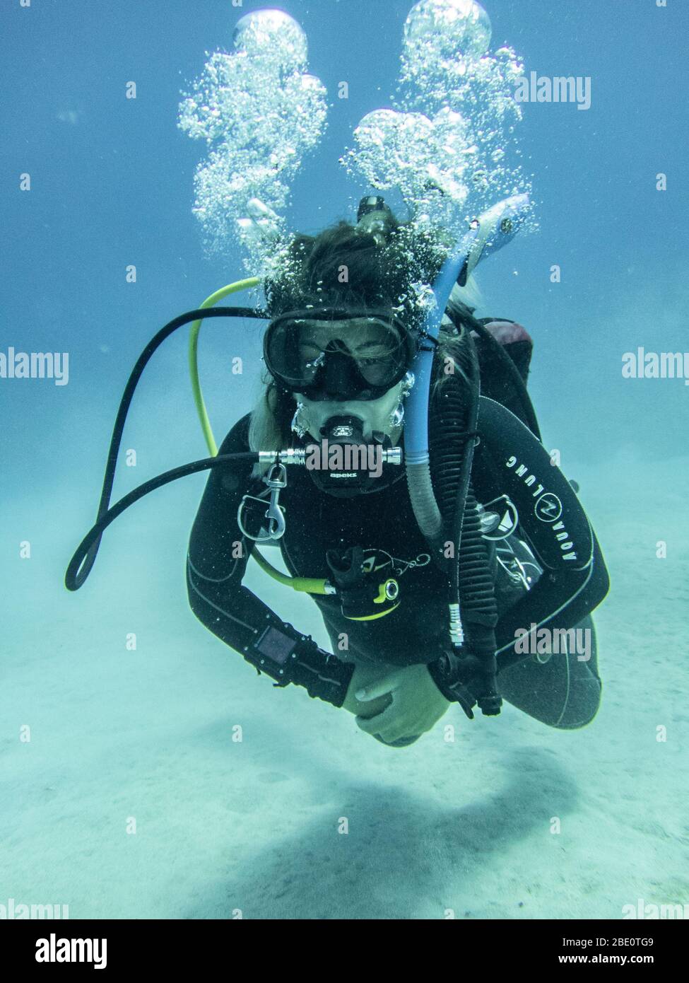 Female scientific diver with good buoyancy control. Kona Hawaii. Stock Photo