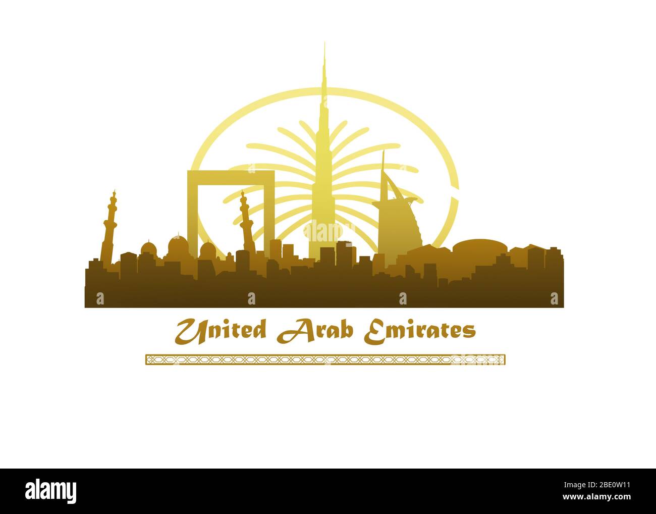 Logo of golden Dubai city with Burj Khalifa, Burj Al Arab Jumeirah, Dubai  Frame, The Dubai Mall, Sheikh Zayed Grand Mosque, and Palm Island Stock  Photo - Alamy