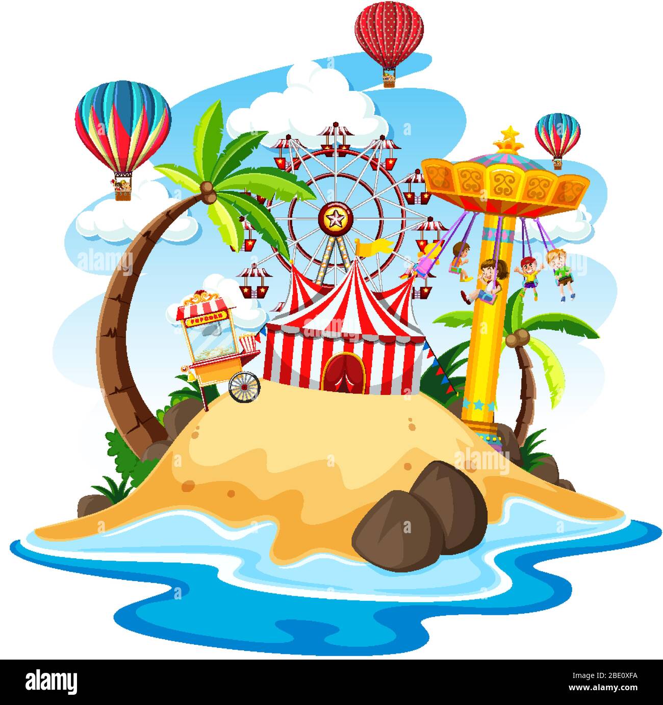 Themepark scene with many rides on an island illustration Stock Vector ...