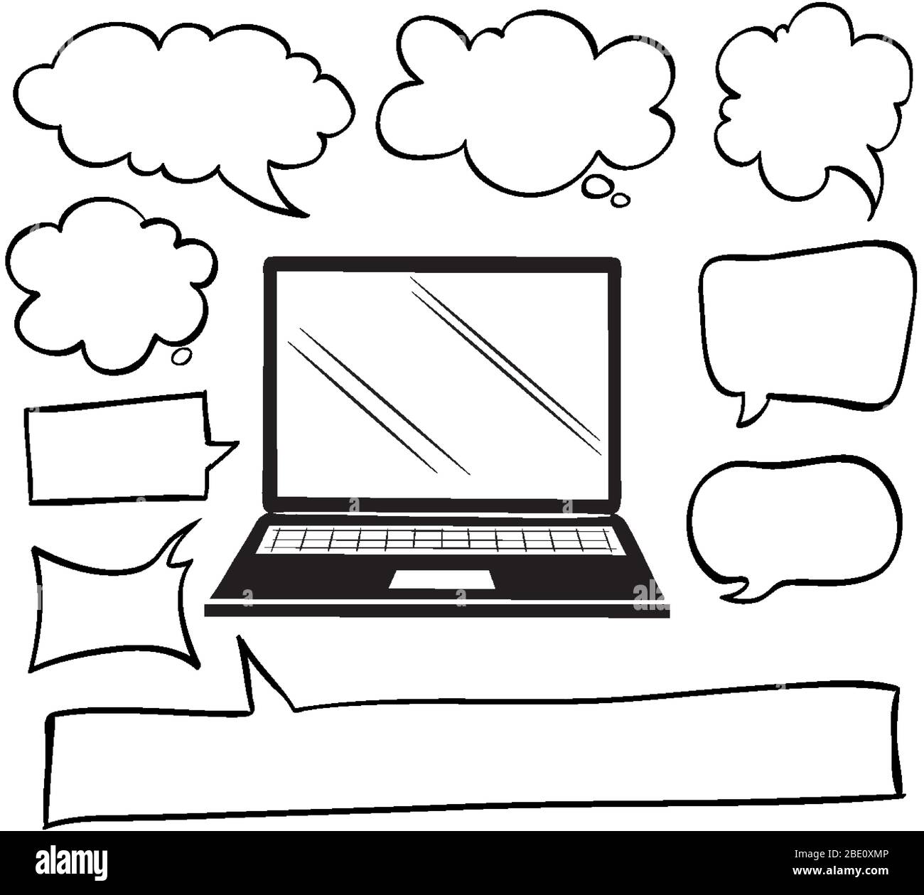 Different shapes of speech bubbles and computer on white background ...