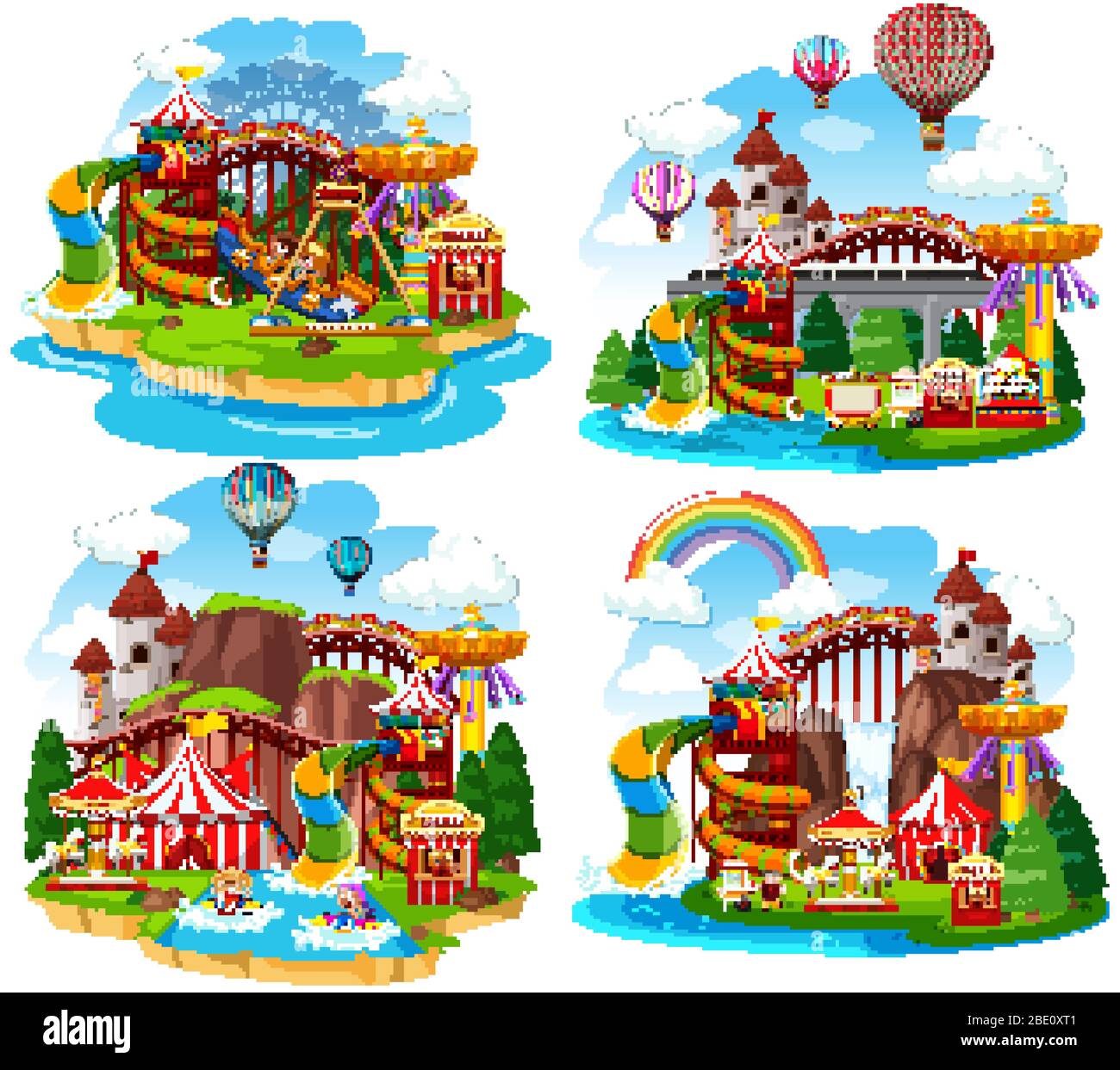 Themepark scene with many rides and waterslides illustration Stock ...
