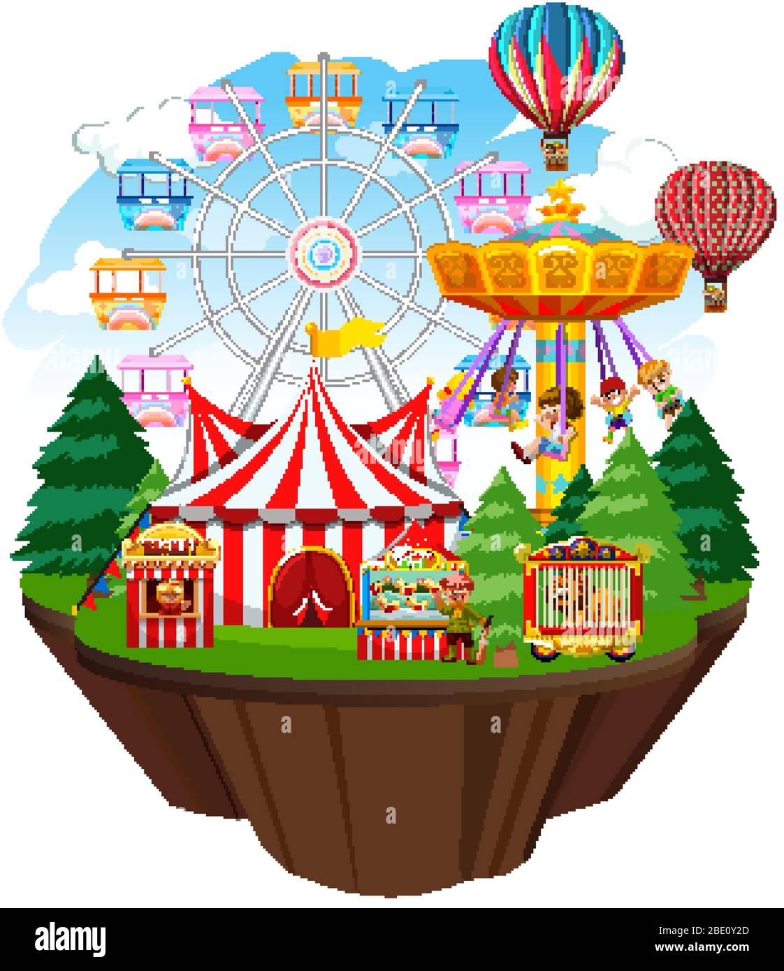 Themepark scene with many rides on the island illustration Stock Vector ...