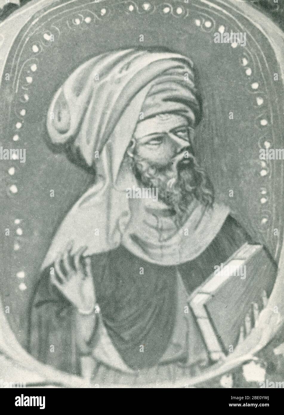Abu l-Walid Muhammad bin 'Ahmad bin Rusd or by his Latinized name Averroës (April 14, 1126 - December 10, 1198) was an Al-Andalus Muslim polymath, a master of Aristotelian philosophy, Islamic philosophy, Islamic theology, Maliki law and jurisprudence, logic, psychology, politics and Andalusian classical music theory, and the sciences of medicine, astronomy, geography, mathematics, physics and celestial mechanics. He was highly regarded as a legal scholar of the Maliki school of Islamic law. He had a great impact on Western European circles and he has been described as the 'founding father of s Stock Photo
