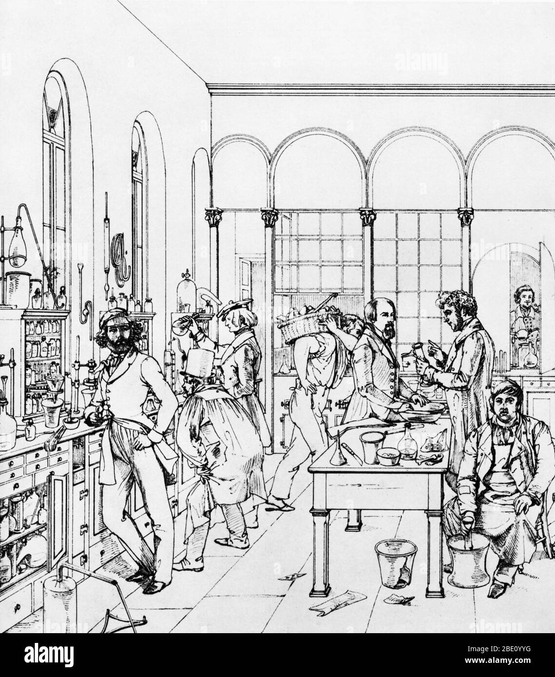 The main workroom in Justus von Liebig's laboratory in Giessen, Germany, 1842. Justus Freiherr von Liebig (May 12, 1803 - April 18, 1873) was a German chemist who made major contributions to agricultural and biological chemistry, and worked on the organization of organic chemistry. He devised the modern laboratory-oriented teaching method and is regarded as one of the greatest chemistry teachers of all time. He is known as the 'father of the fertilizer industry' for his discovery of nitrogen as an essential plant nutrient, and his formulation of the Law of the Minimum which described the effec Stock Photo
