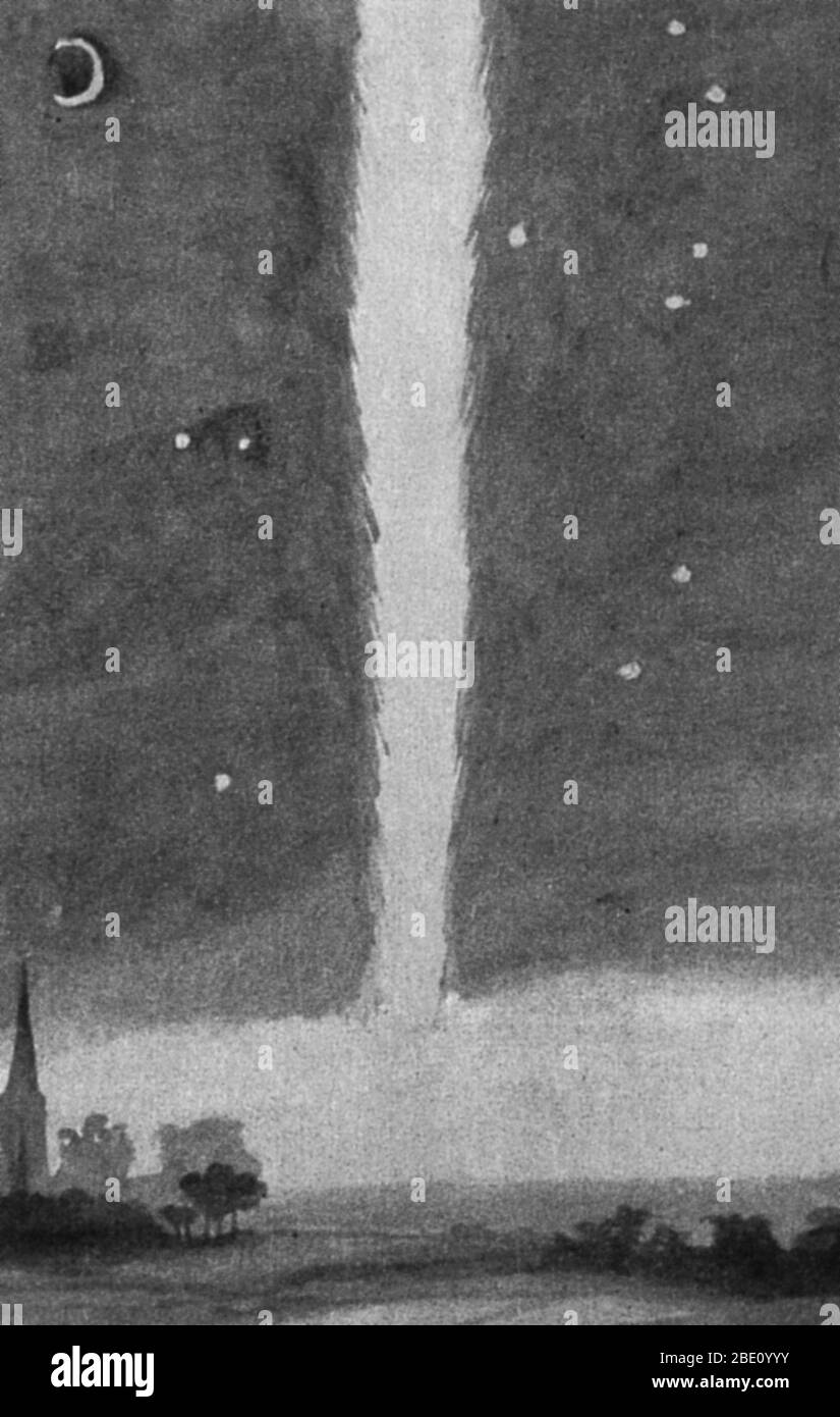 Anonymous watercolor depicting the comet of 1680 over the Low Countries. C/1680 V1, also called the Great Comet of 1680, Kirch's Comet, and Newton's Comet, has the distinction of being the first comet discovered by telescope. Discovered by Gottfried Kirch on 14 November 1680, New Style, it became one of the brightest comets of the 17th century,reputedly visible even in daytime,and was noted for its spectacularly long tail. Aside from its brilliance, it is probably most noted for being used by Isaac Newton to test and verify Kepler's laws. The Low Countries are the historical lands around the l Stock Photo